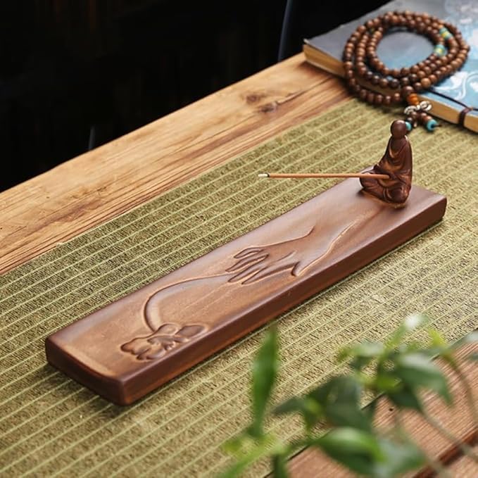 Handmade Ceramic Monk Incense Holder – Meditating Buddha Figurine Incense Stick Burner with Lotus Ash Catcher Tray, Zen Home Decor for Meditation Yoga Altar Spiritual Gift