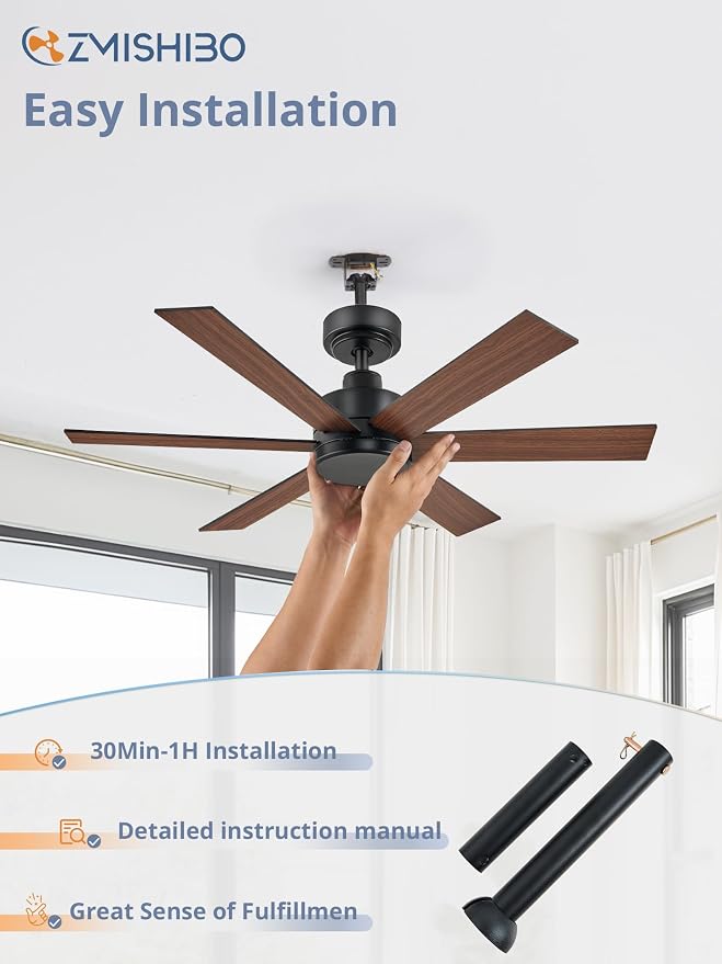 ZMISHIBO 42 Inch Black Ceiling Fan Without Light, Bedroom Ceiling Fan No Light, 6 Blades, Quiet Reversible DC Motor, 6-Speeds, Small Ceiling Fan for Bedroom, Living Room, Patio, Indoor/Outdoor Use
