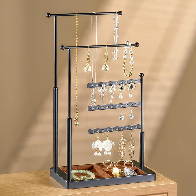 pickpiff Jewelry Organizer Holder Stand: 3 Tier Jewelry Storage Display for Necklace, Bracelet, Earring, Ring, Black & Brown