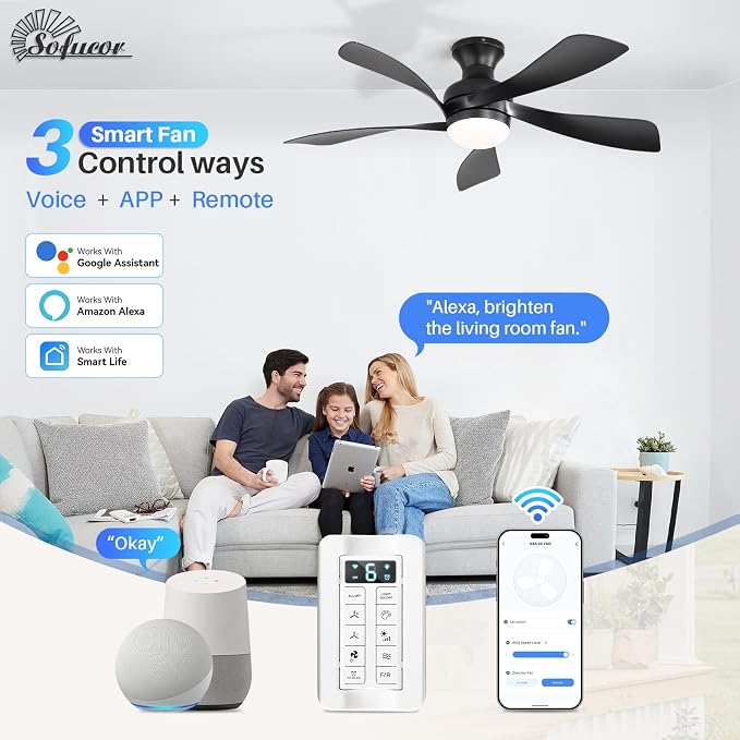 Sofucor Smart 42'' Low Profile Ceiling Fan with Lights and Remote, Flush Mount Ceiling Fan Work with APP/Alexa/Google for Modern Bedroom Living Room Patio, Dimmable LED Quiet Reversible DC Motor