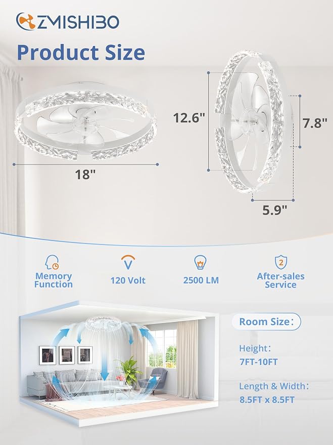 ZMISHIBO Ceiling Fans with Lights and Remote, 18 Inch Flush Mount Fan Light, 6 Speeds, 3CCT, Dimmable, Low Profile Ceiling Fan, Modern Ceiling Fan with Light for Bedroom and Living Room, White