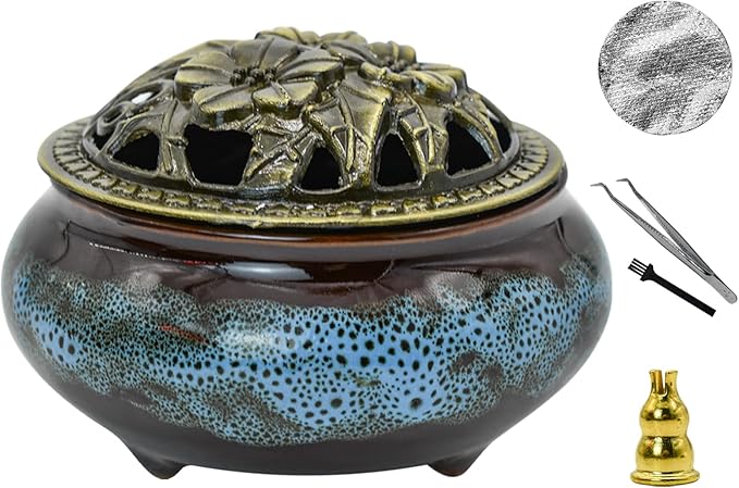 Ceramic Incense Burner with Lid, Incense Holder for Sticks Incense Cone Holder with Brass Incense Stick Holder for Yoga Meditation Home Decor (Fambe Blue)