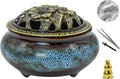 Ceramic Incense Burner with Lid, Incense Holder for Sticks Incense Cone Holder with Brass Incense Stick Holder for Yoga Meditation Home Decor (Fambe Blue)