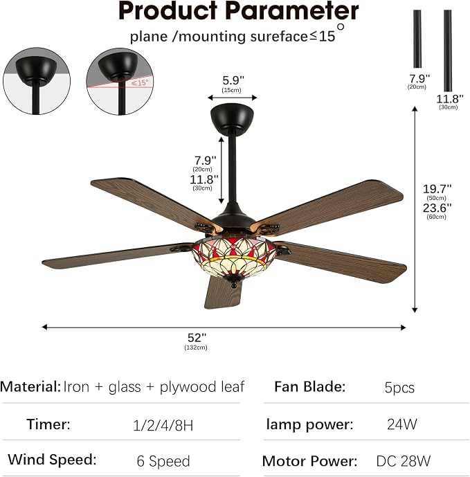 52" Tiffany Style Ceiling Fans with Lights, Vintage Chandelier Ceiling Fan with Stained Glass Shade, Dimmable LED, 6 Speeds Reversible for Bedroom (Red Petal)