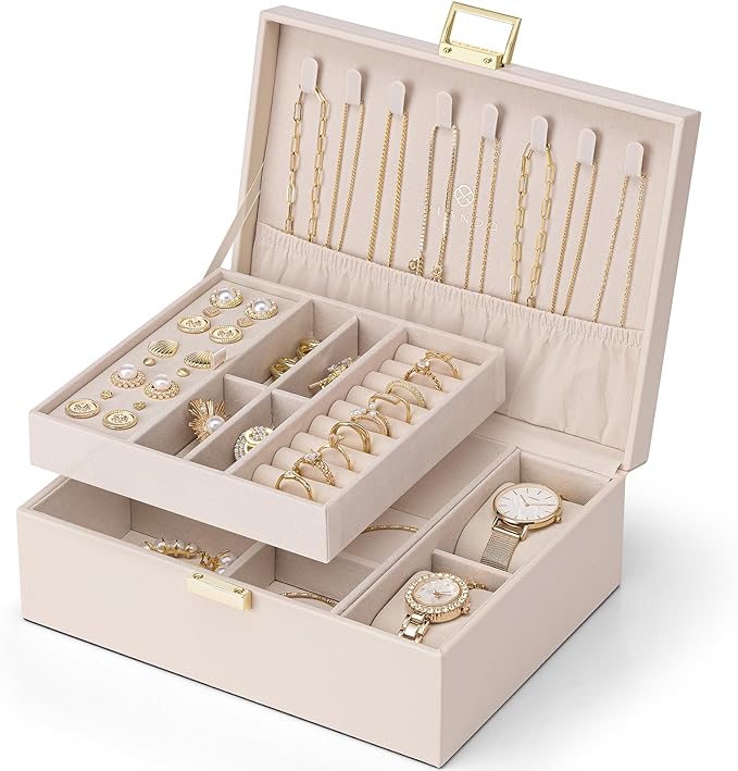 VLANDO 2 Layer Jewelry Boxes Large Jewelry Organizer for Women Removable Jewelery Tray for Watch Necklace Earrings Rings Bracelets Mothers Gifts Mom Gifts(Apricot White)