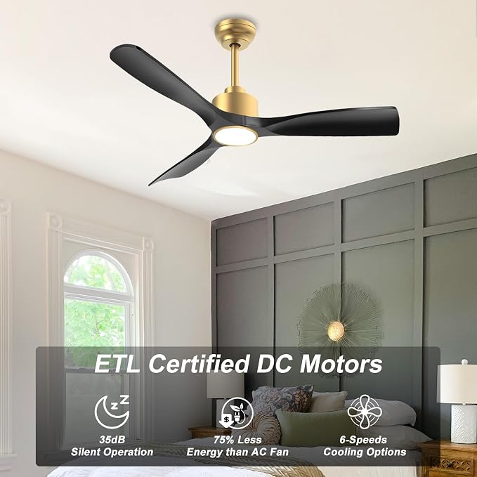 OFANTOP 52 Inch Modern Black Gold Smart Ceiling Fan with Light and Remote | High CFM Quiet DC Motor, 3-Color Dimmable Ceiling Fan Light, Reversible Motor, Timer, for Bedroom Living Room Dining Room