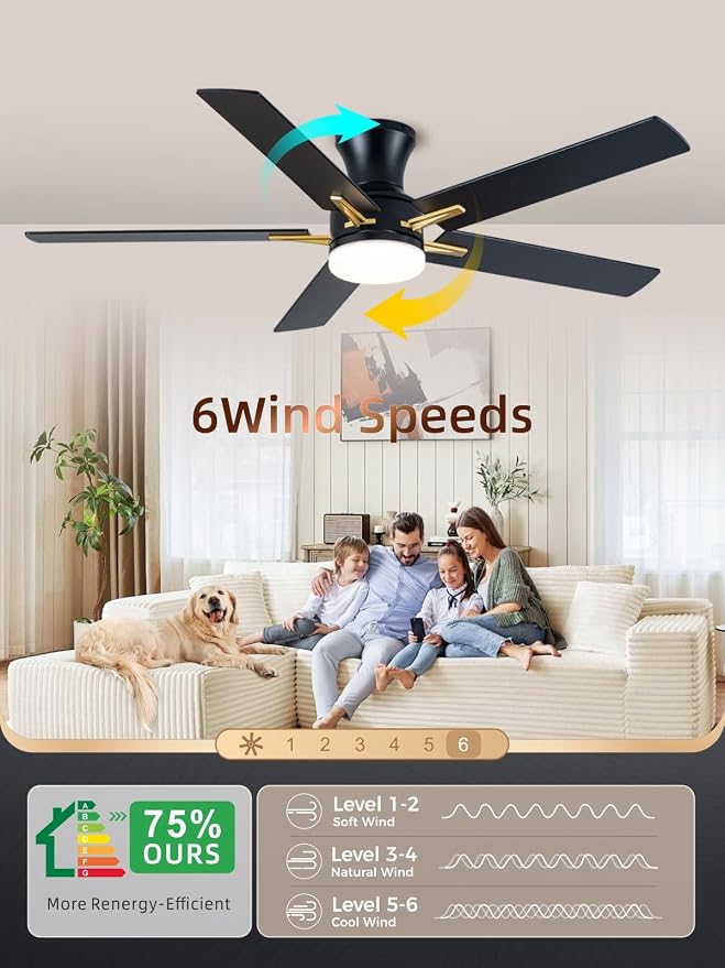 LANMEL 52 Inch Flush Mount Ceiling Fan with Light, App&Remote Control, Low Profile Modern Ceiling Fan, 6 Speed, Reversible, 3000k-6500k Dimmable LED, Quiet DC Motor for Indoor Outdoor, Gold Black