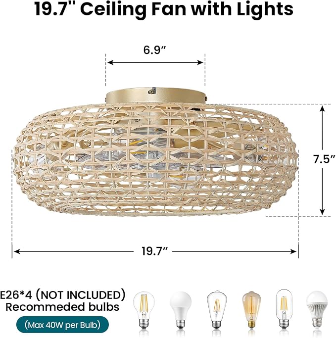 Boho Caged Ceiling Fan Light: 20" Rattan Ceiling Fan Lights Flush Mount Bladeless Fandelier with Remote/Timer/Reversible 6 Speeds/DC Motor Low Profile Small Ventilador de Techo for Bedroom Living Room