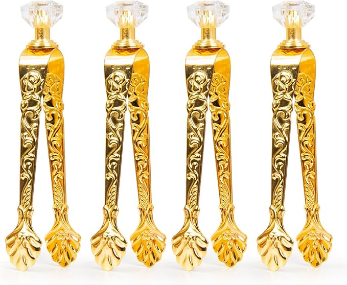 4 pcs Golden Incense Tongs, Vintage Charcoal Tongs with Floral Engraved Handle, Metal Incense Burner Clamp, Design Home Incense Clip, 4.32 inches