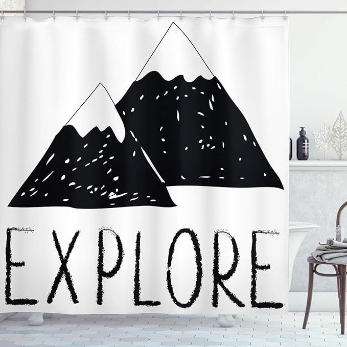 Ambesonne Adventure Shower Curtain, Explore Lettering Wild Forest Hand Drawn Simple Mountains Nature Theme, Cloth Fabric Bathroom Decor Set with Hooks, 69" W x 75" L, Black White