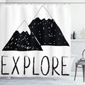 Ambesonne Adventure Shower Curtain, Explore Lettering Wild Forest Hand Drawn Simple Mountains Nature Theme, Cloth Fabric Bathroom Decor Set with Hooks, 69" W x 70" L, Black White