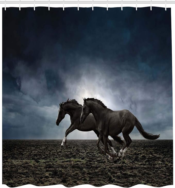 Ambesonne Horses Shower Curtain, Couple Horses Running on Plowed Field in Stormy Dark Weather Sky Concept, Cloth Fabric Bathroom Decor Set with Hooks, 69" W x 70" L, Blue Petrol