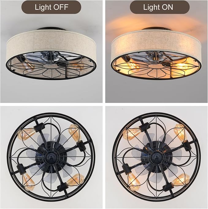 20" Flush Mount Caged Ceiling Fan With Light,Low Profile Fabric Farmhouse Bladeless Ceiling fan With Remote Control,Ceiling Fans with 6 Speeds Reversible Silent Fandalier for Bedroom