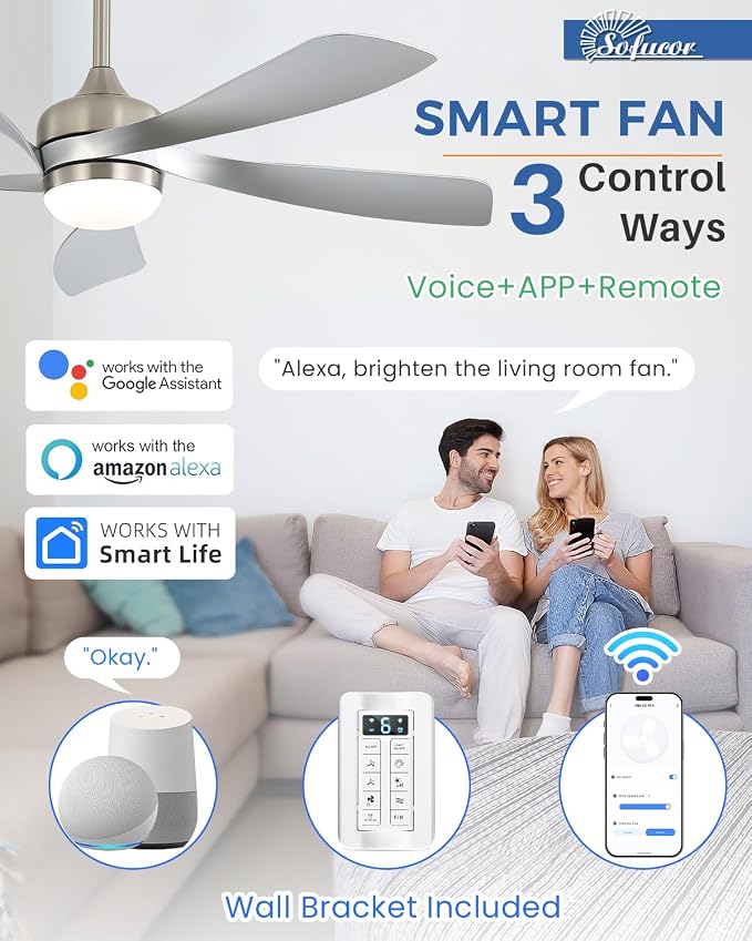 Sofucor 52" Smart Ceiling Fan, Indoor/Outdoor Ceiling Fans with Lights and Remote, Compatible with Alexa/Google/App, 3-Color Light 6-Speed Timing Reversible DC Motor for Bedroom Living Room Patio