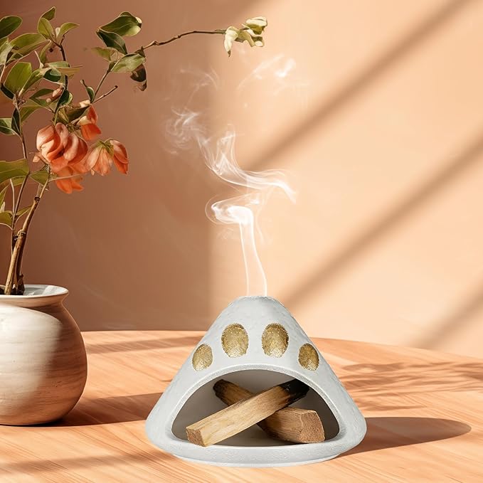 Palo Santo Holder, Palo Santo Burner for Cedar, Sage Burning, Mountain Modeling Smudge Bowl Fireplace Chimney Smudge Bowl for Yoga, Meditation and Energy Cleansing Aromatic Home(White Gold)