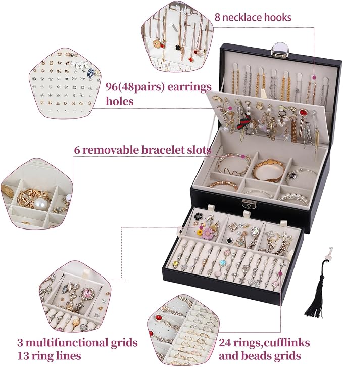 BOOVO Large Jewelry Boxes For Women (Black, 4 layer) | 4 Layers Jewelry Organizer Box With Cosmetic Storage Drawer, Necklace Ring Jewelry Organizer Box