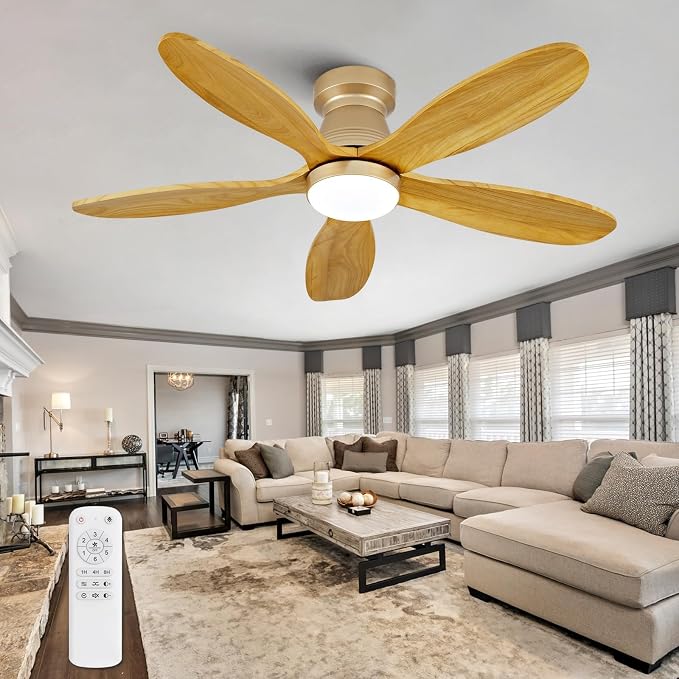 42 Inch Flush Mount Ceiling Fans with Lights and Remote, Dimmable, Wall Switch, 5 Blades Wood Ceiling Fan with Light, Low Profile Outdoor Indoor Modern Ceiling Fan for Bedroom Patio