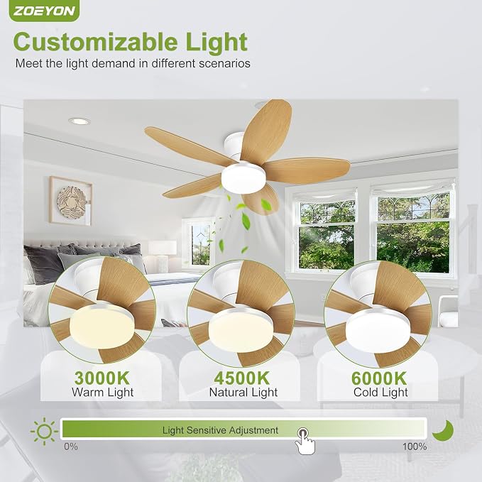 Small Ceiling Fan with Light - 35 Inch Flush Mount Ceiling Fan with Lights and Remote, Low Profile Ceiling Fans with 5 Reversible Blades, 6 Wind Speeds, White&Wood Ceiling Fans for Bedroom