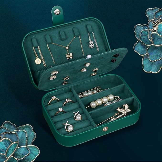 Hatori Travel Jewelry Box, PU Leather Small Jewelry Organizer for Women Girls, Double Layer Portable Mini Travel Case Display Storage Holder Boxes for Stud Earrings, Rings (Ink Green)