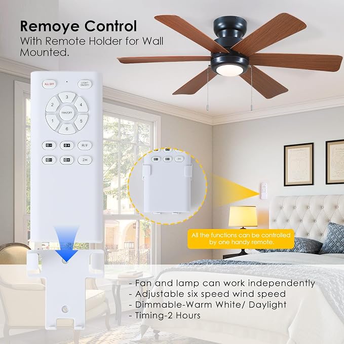 Hounberi 46" Low Profile Black Ceiling Fan Pull Chain with Light and Remote | Flush mount modern design. Features 3-CCT dimmable LED & quiet reversible motor. Ideal airflow for bedroom & living room