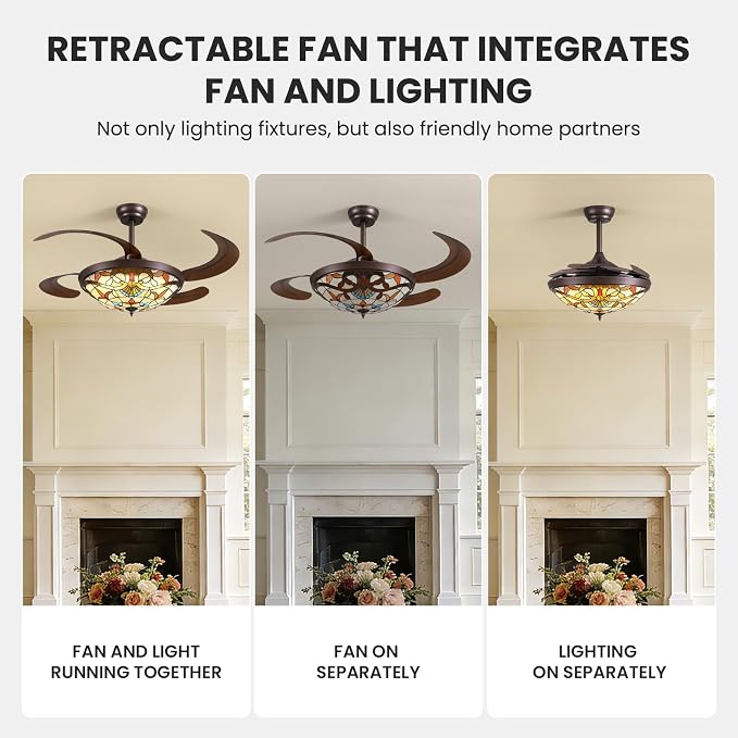 48inch Retractable Ceiling Fan Tiffany Style Chandelier Light Fixtures Ceiling with Remote & Dimmable, 6-Speed, Reversible Vintage Fandelier for Bedroom Living Room Dining Room Kitchen