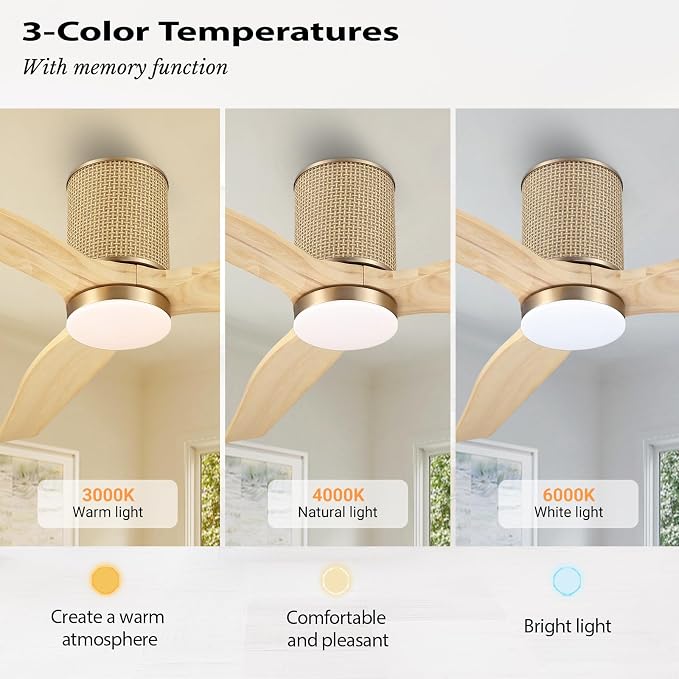 LEDLUX 52" Ceiling Fan with Light - Low Profile Flush Mount Ceiling Fan, 6-Speed Remote Control, Solid Wood, Quiet Reversible DC Motor, Boho Style, for Bedroom, Living Room, Porch, Light Oak/Gold