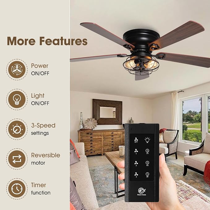 48" Farmhouse Low Profile Ceiling Fan with Light & Remote, Outdoor Flush Mount Ceiling Fans for Bedroom Living Room, 5-Blades 3-Speed Quiet Reversible Motor, Timer Function
