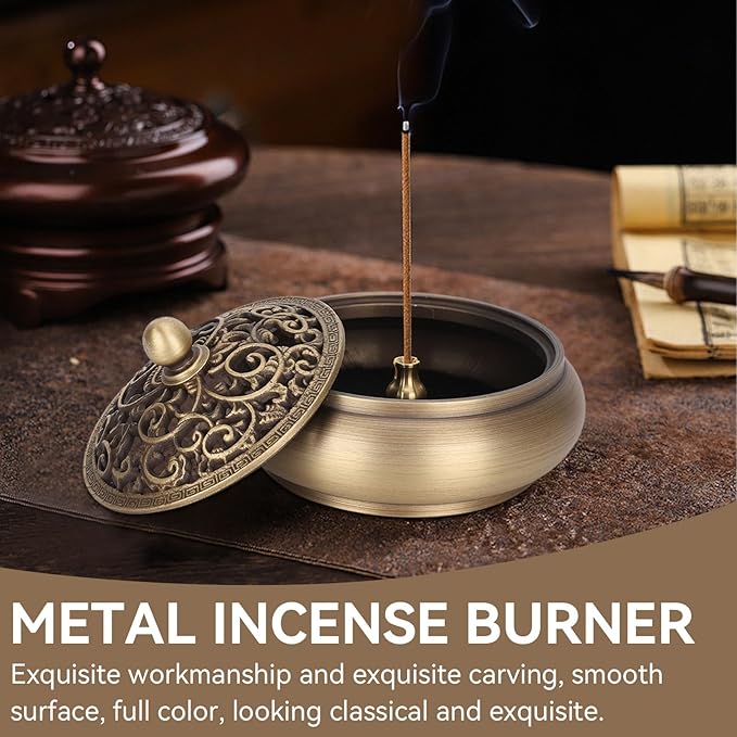 Brass Incense Burner with Lid, Antique Incense Holder Censer Incense Burner Bowl with Lid for Coils Stick Incense Home Office Decor Indoor Ornament Handicraft