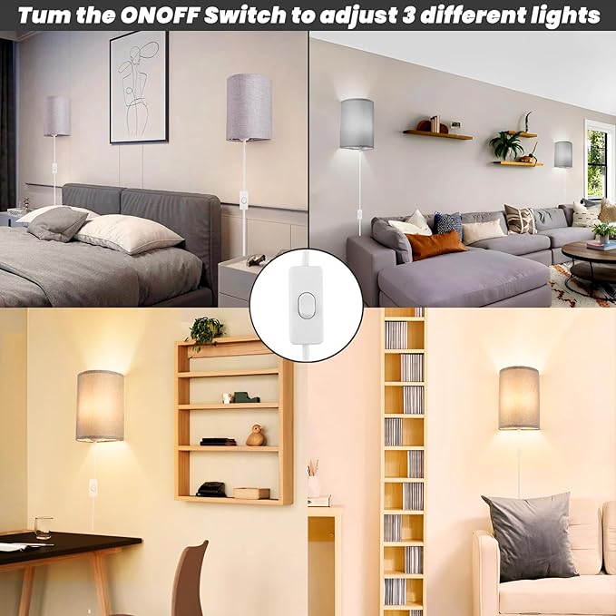 Wall Sconces Set of 2, Plug in Wall Sconces with On/Off Switch, 3-Color Selectable (3000K/4000K/6000K), Fabric Linen Lamp Shades, No Wiring Required, Ideal for Bedroom, Living Room, and Porch (Grey)