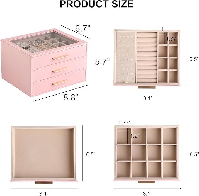 Frebeauty Jewelry Box for Women,Clear Lid Jewelry Organizer with 3 Drawers | Faux Leather,Velvet Lining,3 Layers,Jewelry Storage for Ring Earring Stud,Dustproof Design,Gift Choice,Golden Stylish Handle