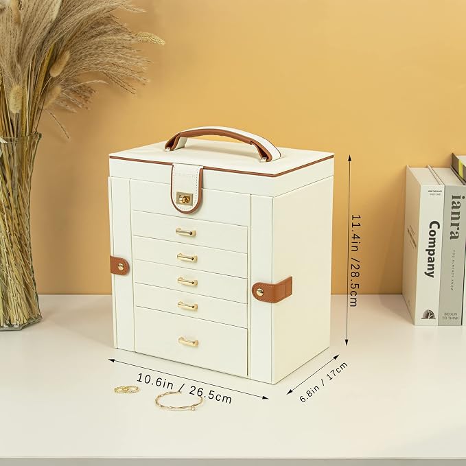 KAMIER Jewelry Box for Women, 6-Layer Large Jewelry Holder Organizer Box with Mirror & 5 Drawers for Rings, Earrings, Necklaces, Bracelets,White
