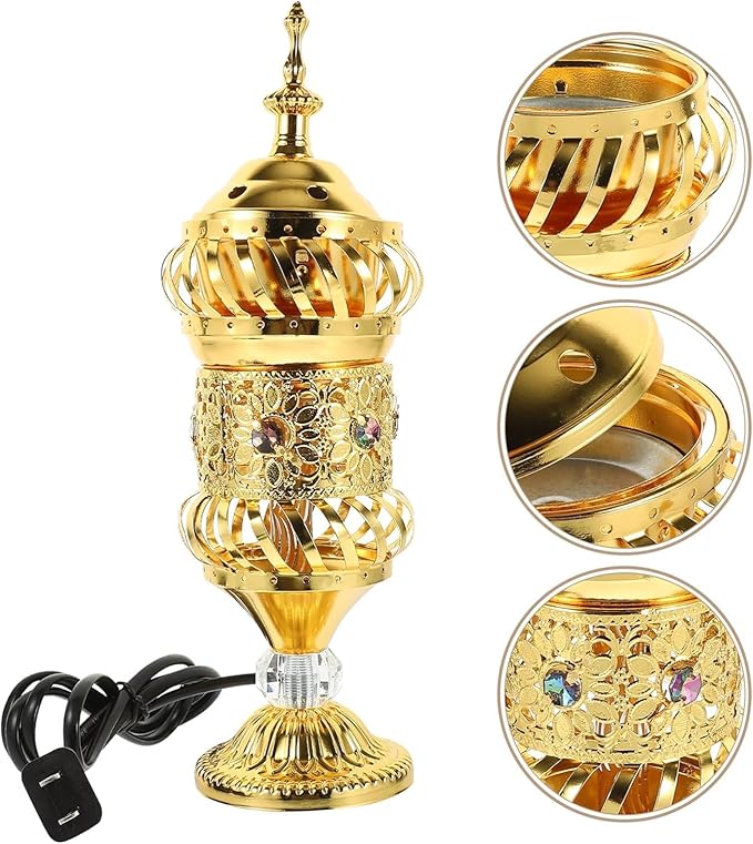 RCFINE Electric Incense Burner Bakhoor Metal Incense Burner Middle Eastern Style Arabic Incense Burner for Aromatherapy Yoga Spa Home Tabletop Decoration (Gold)