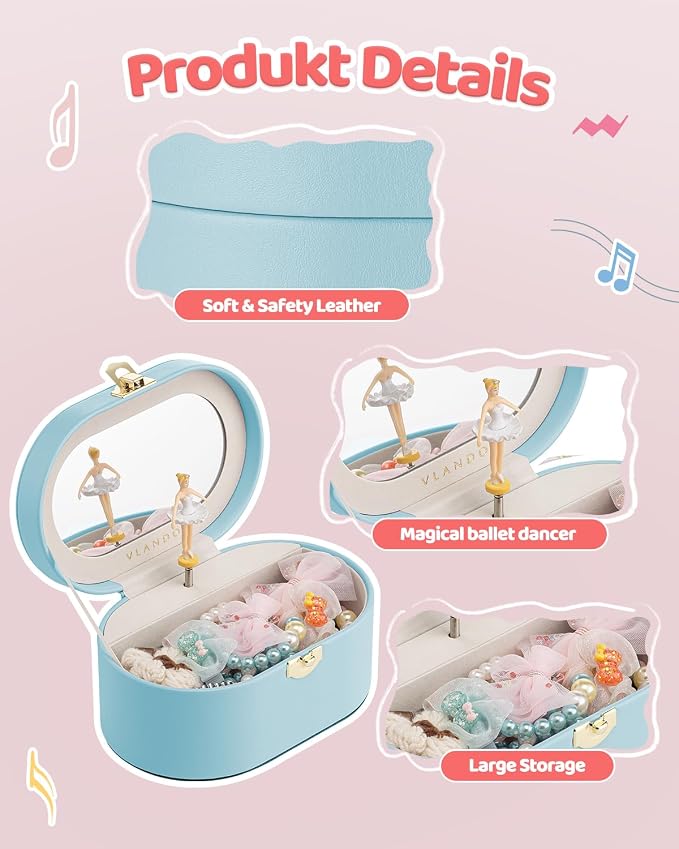 VLANDO Musical Jewelry Box for Girls - Kid Music Box with Ballerina for Birthday Bedroom Decor - Birthday Gift for Girls Ages 4 5 6 7 8-12 Year Old - Blue