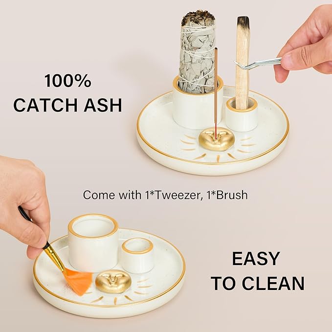 ZenBless Multifunction Incense and Candle Holder for Burning Sage, Palo Santo, Incense Sticks - 5.9" Ceramic Ash Catcher Tray for Meditation Room Home Decor Spritual Gifts(Gold Sun)