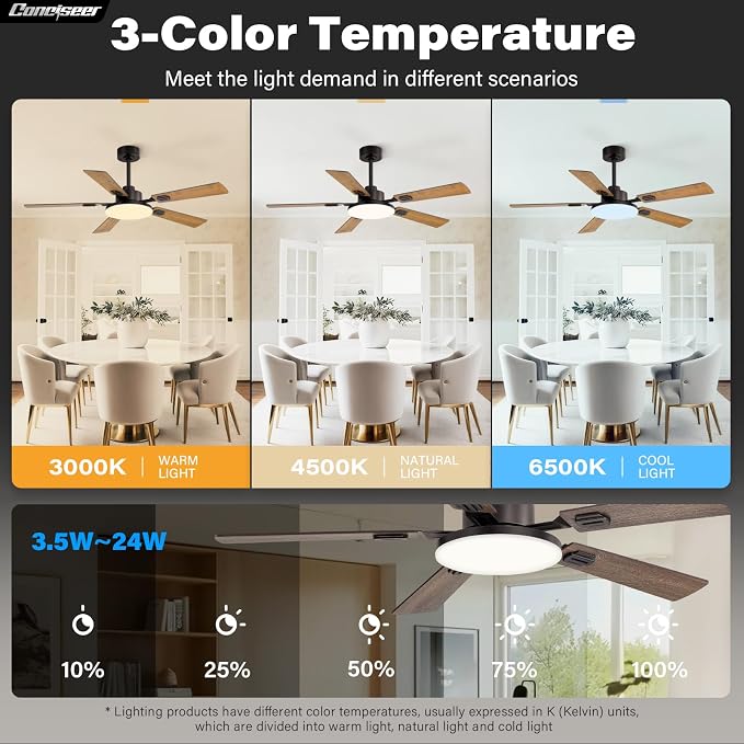 60 Inch Ceiling Fans with Lights and Remote, Bedroom Living Room Office Library Cafe Outdoor Industrial, 5CCT Dimmable, Dual Color 5 Blades, 6 Speed Reversible Quiet DC Motor, Brown/Wood Grain