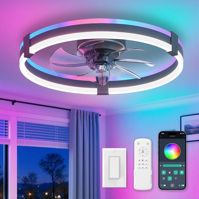 ZMISHIBO RGB Ceiling Fans with Lights and Remote, 20 inch Low Profile Ceiling Fan with Light, 3000K-6000K Dimmable & RGB, Modern Fandelier Flush Mount Ceiling Fan, Small LED Fan for Bedroom,Grey