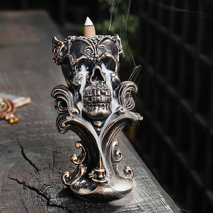 Comeon Backflow Incense Holder Burner Resin Skull Incense Burner Waterfall Incense Burner Home Decor + 20 Backflow Incense Cones + 30 Incense Sticks +1 Tweezer +1 Mat（Metallic Gold）