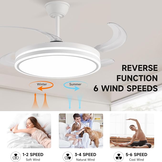 Retractable Ceiling Fans with Lights and Remote, 42 Inch White Chandelier LED Fan, 20W Energy Saving,Memory Function,Timer Setting,Ultra Quiet Invisible Blades Fan for Kitchen, Bedroom