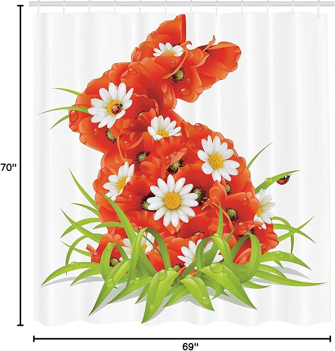 Ambesonne Ladybugs Shower Curtain, Spring Flowers in Shape of Easter Rabbit Wild Nature Camomile Blooms Grassy, Cloth Fabric Bathroom Decor Set with Hooks, 69" W x 70" L, Red White Green