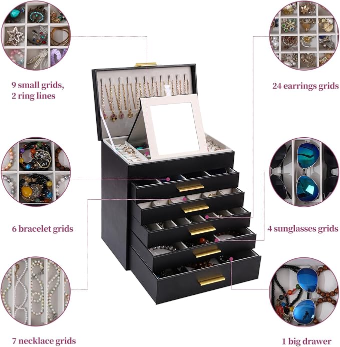 BOOVO Jewelry Boxes for Women, White and Black 6 Layer Large Jewelry Box for Necklace, Bracelet, Earrings, Rings Storage, Jewelry holder Organizer for Girls Gift (Black and Gold, 6 layer)