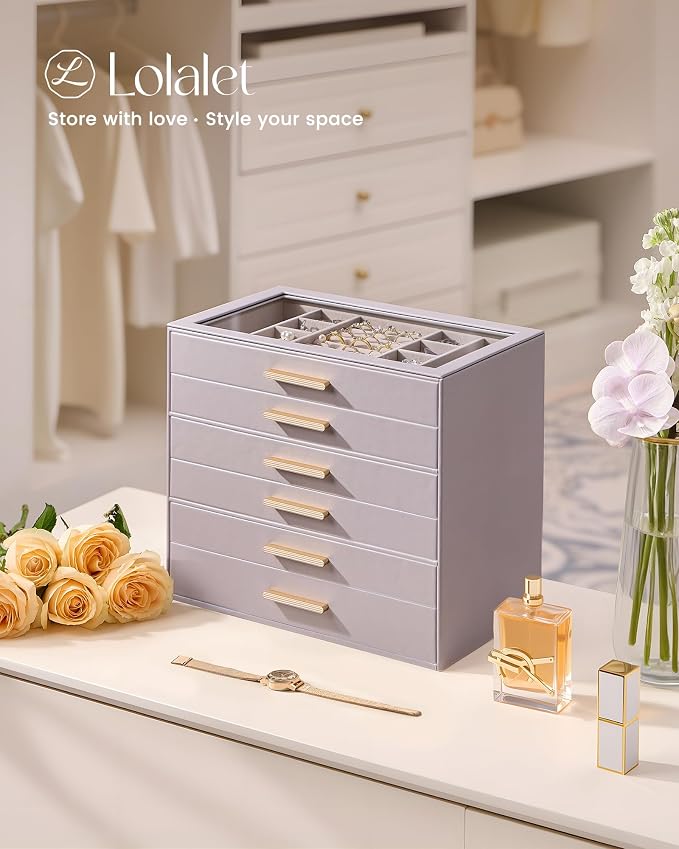 Lolalet Jewelry Box Organizer, 6-Layer Jewelry Organizers and Storage Case with Glass Lid, Ring Earring Bracelet Necklace Holder Organizer, Birthday Valentine Gifts for Women Girls -6Layer, HazePurple