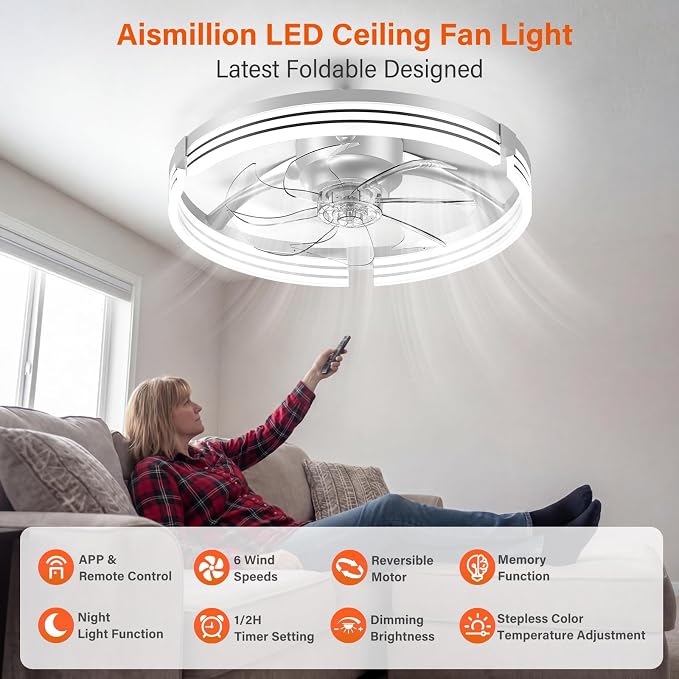 Ceiling Fans with Lights and Remote, 20'' Low Profile Ceiling Fan with APP Control, 3000K-6500K Dimmable, Quiet Reversible DC, Modern Flush Mount Fandelier for Bedroom (White-Stripe)