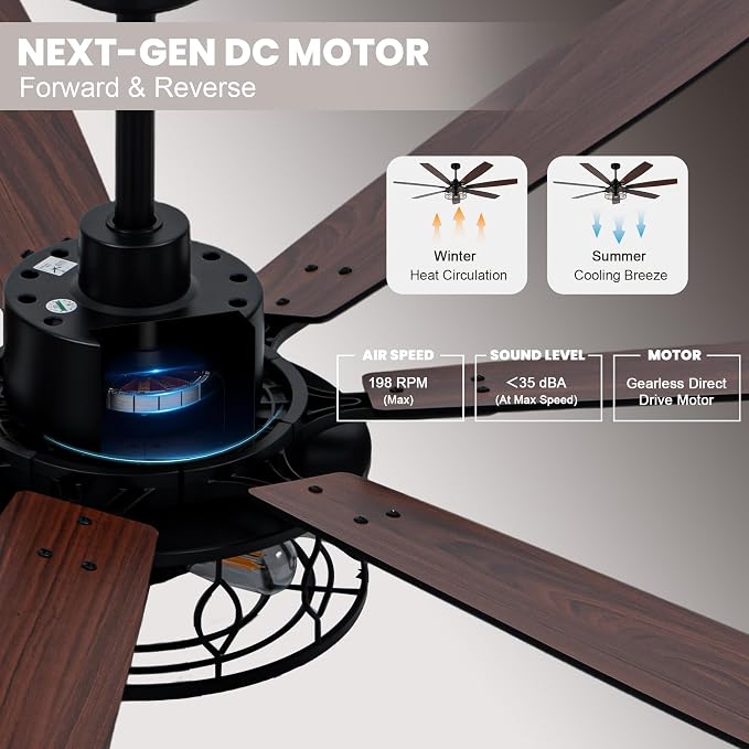 Dawn Whisper 72 Inch Farmhouse Ceiling Fans with Lights Black Industrial Caged Ceiling Fans with 6 Speed Reversible Motor and Dual Finish 8 Blades Rustic Ceiling Fan for Living Room