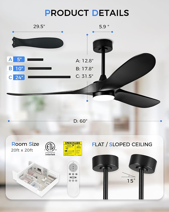 60 Inch Indoor Outdoor Ceiling Fan with Light and Remote, 3CCT Dimmable LED, Modern Black Ceiling Fan, Reversible Motor, Quiet 3-Blade ABS Fan for Living Room, Covered Patio, ZCCF08BK-60