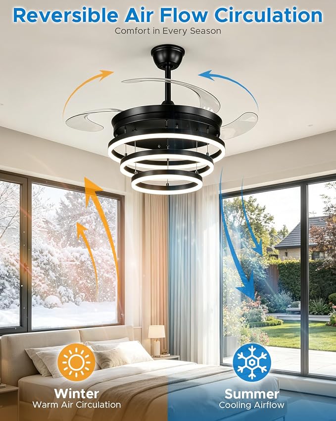 Retractable Ceiling Fans with Lights, 48" Fandelier Ceiling Fan with Light and Remote, Reversible, 3 CCT, Dimmable, Modern Chandelier Ceiling Fan for Bedroom, Living Room, Dining Room (Black)