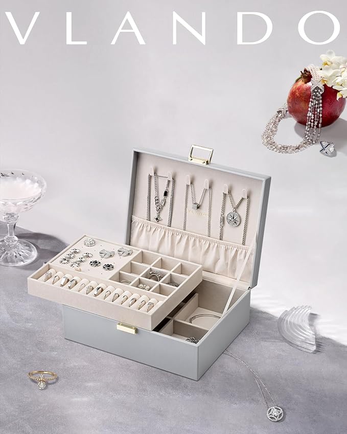 VLANDO 2 Layer Jewelry Box Large Jewelry Organizer for Women Removable Jewelery Tray for Necklace Earrings Rings Bracelets Jewelry Boxes Christmas Birthday Gifts for Women(Grey)