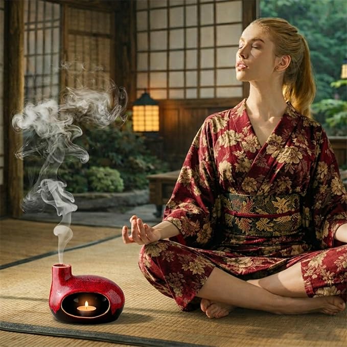 Handcrafted Ceramic Palo Santo Holder – Artistic Incense Burner for Meditation, Mindfulness and Zen Home Decor – Wabi-Sabi Style Cone Sculpture, Gift for Yoga, Relaxation & Aromatherapy (Red)
