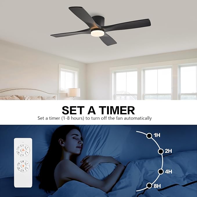 WINGBO 48 Inch Flush Mount DC Ceiling Fan with Lights and Remote, 4 Reversible Carved Wood Blades, 6-Speed Noiseless DC Motor, Hugger Ceiling Fan in Black Finish, Low Profile Ceiling Fans, ETL Listed