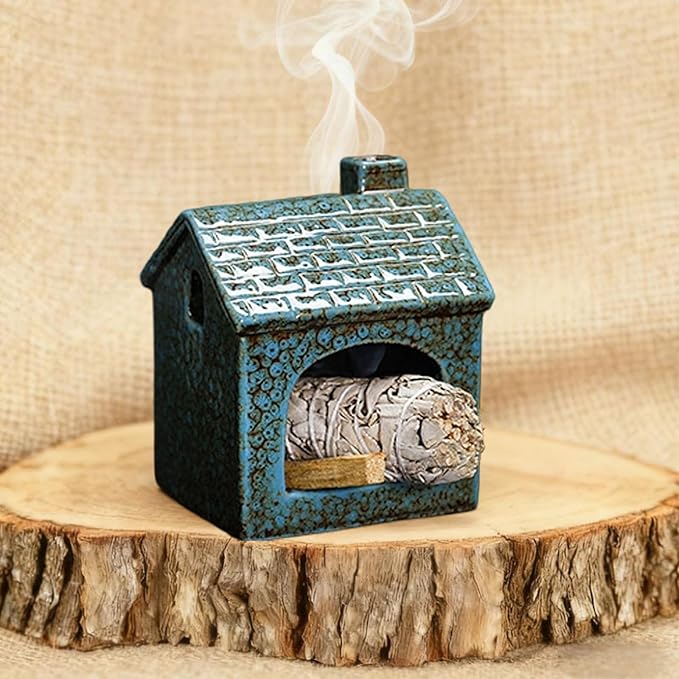 Ceramic Mini Chiminea Palo Santo Burner | Sage & Incense Cone Holder | Stable Smudge Bowl for Zen Altar, Meditation, Yoga | Home Decor & Gift (Blue)
