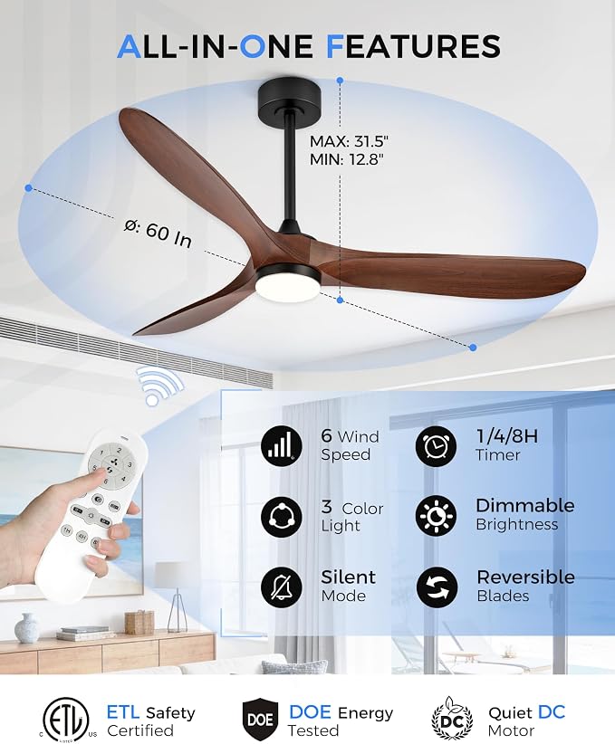 60" Ceiling Fan with Light, Damp Rated for Covered Outdoor Patio, Wood-Grain ABS Blades, Quiet DC Motor, 3CCT Dimmable LED, Remote Control, Modern Large Ceiling Fan, ZCCF08WD-60